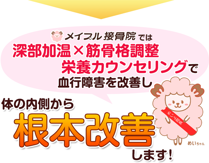 メイプル式温熱療法で血行障害を改善し、体の内側から根本改善します